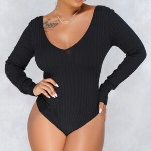 Hera Collection Black Ribbed Long Sleeve Bodysuit